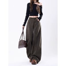 批发美式豹纹阔腿牛仔裤女2025秋冬新款高腰显瘦设计感直筒休闲裤