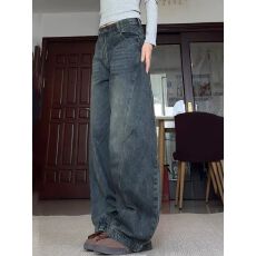 批发美式潮牌水洗解构阔腿牛仔裤男女高街复古vibe宽松显瘦弯刀裤