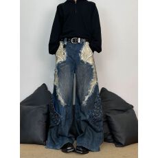 批发重工解构毛边拼接工装牛仔裤男女水洗做旧废土风高街长裤