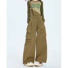 批发卡其色牛仔<b class='q'>背带裤</b><b class='q'>女</b>2025新款秋季飒酷风工装阔腿连体裤子