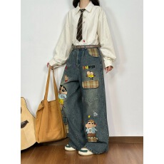 批发童趣卡通刺绣水洗做旧<b class='q'>牛仔</b>裤女小众宽松直筒阔脚长裤