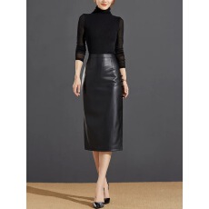 批发秋冬皮裙女半身裙新款复古盘扣开叉长裙黑色中长款休闲高腰<b class='q'>包臀裙</b>