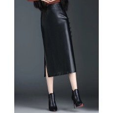 批发黑色皮裙半身裙女秋冬2025新款高腰<b class='q'>包臀裙</b>中长显瘦开叉PU皮直筒裙