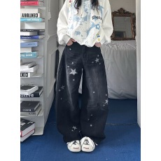 批发秋新款美式星星印花弯刀<b class='q'>牛仔裤</b>宽松阔腿慵懒拖地裤设计<b class='q'>男</b>女