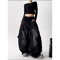 批发美式复古大口袋工装飘带弯刀<b class='q'>牛仔裤</b><b class='q'>男</b>女解构宽松阔腿情侣拖地长裤