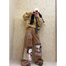 批发复古卡通刺绣贴布秋冬情侣宽松休闲阔腿裤直筒裤美拉德男女