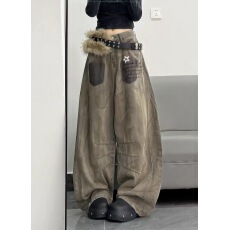 批发秋季新款设计感宽松废土风脏染印花<b class='q'>牛仔</b>裤女弯刀阔腿裤拖地长裤子