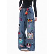 批发美式复古卡通小狗刺绣水洗<b class='q'>牛仔</b>裤女甜酷风宽松阔腿裤