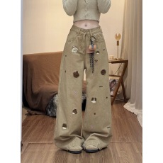 批发可爱小熊刺绣<b class='q'>牛仔</b>裤裤子女款2025冬季新款卡其色高腰宽松阔腿长裤