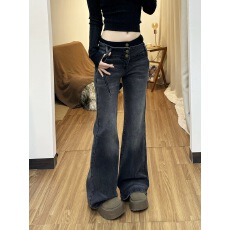 批发美式复古拼接低腰微喇牛仔裤女秋冬设计感高街直筒显瘦拖地喇叭裤