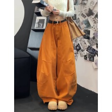 批发高街时尚立体裁片阔腿工装牛仔裤女秋季百搭宽松显瘦休闲弯刀裤子