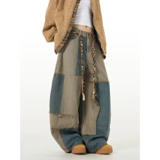 批发国<b class='q'>潮</b>拼接撞色弯刀牛仔裤男女宽松阔腿美式痞帅裤子<b class='q'>潮</b>