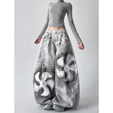 批发2025新款冬季喷漆印花休闲裤女宽松显瘦百搭直筒阔腿长裤子