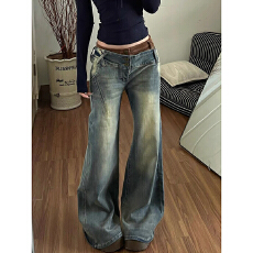 批发美式复古水洗做旧直筒微喇牛仔裤女设计感拼接腰头垂感休闲裤