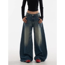 批发阔腿牛仔裤女2025秋季复古宽松休闲长裤直筒高腰显瘦拖地裤<b class='q'>潮</b>