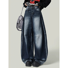 批发2025新款蓝灰色高街辣妹阔腿弯刀牛仔裤女秋季美式慵懒垂感拖地裤