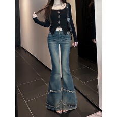 批发美式辣妹微喇叭<b class='q'>牛仔裤</b>女2025秋冬新款小个子修身显瘦马蹄裤潮