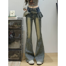 批发设计感假两件微喇<b class='q'>牛仔裤</b>女2025秋冬新款时尚百搭显瘦喇叭拖地长裤