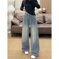 批发满天星<b class='q'>烫钻</b>阔腿<b class='q'>牛仔裤</b>女秋冬高腰宽松显瘦直筒拖地裤