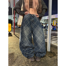 批发美式水洗做旧网格阔腿牛仔裤<b class='q'>男</b>女宽松<b class='q'>休闲</b>百搭拖地<b class='q'>长裤</b>