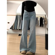 批发美式复古浅色<b class='q'>微喇</b><b class='q'>牛仔裤</b>女秋冬季新款高腰宽松直筒高街阔腿裤子