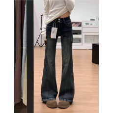 批发美式复古双扣<b class='q'>微喇</b>叭<b class='q'>牛仔裤</b>女2025秋冬新款高腰弹力显瘦马蹄裤子