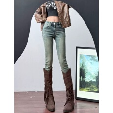 批发复古蓝提臀铅笔牛仔裤女秋冬新款中低腰辣妹弹力九分小脚裤子