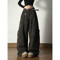 批发甜酷辣妹美式风迷彩工装牛仔裤女设计感宽松显瘦高腰阔腿拖地长裤