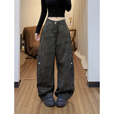 批发美式迷彩工装阔腿牛仔裤裤子女款2025冬季新款水洗高级感弯刀长裤