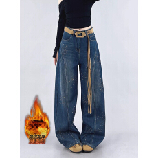 批发深蓝色钉珠<b class='q'>烫钻</b>加绒阔腿<b class='q'>牛仔裤</b>女2025秋冬新款高腰显瘦百搭直筒裤