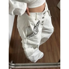 批发美式复古结构白色豹纹多口袋工装裤潮牌炸街裤子纽扣拼接牛仔裤男