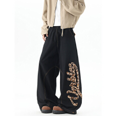 批发美式豹纹拼接牛仔裤女<b class='q'>男</b>冬季新款宽松阔腿<b class='q'>休闲</b>裤小众设计感拖地裤