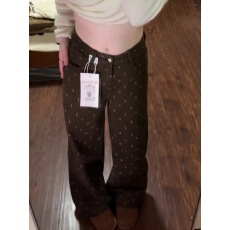 批发美式咖色<b class='q'>碎花</b>直筒牛仔<b class='q'>裤</b>女春秋新款百搭高腰显瘦拖地阔腿<b class='q'>裤</b>