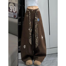 批发胖mm大码<b class='q'>女</b>装豹纹拼接辣妹风弯刀牛仔裤<b class='q'>女</b>美拉德穿搭显瘦阔腿裤子