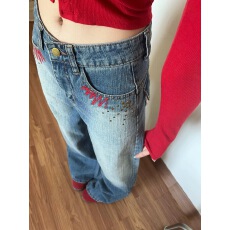 批发美式复古重工烫钻刺绣牛仔裤女小个子<b class='q'>裤子</b>春秋高腰宽松垂感阔腿裤