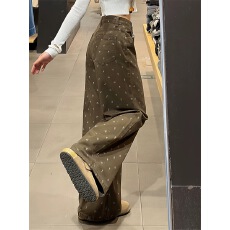 批发可可棕碎花设计感牛仔裤女舒适拖地复古休闲百搭日常慵懒风