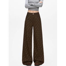 批发美拉德碎花阔腿牛仔裤女春季新款设计感高腰直筒拖地裤