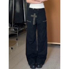 批发十字架铆钉美式复古工装裤直筒宽松休闲高街裤子设计感小众
