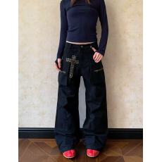 批发美式复古cleanfit铆钉多口袋工装男女宽松阔腿<b class='q'>秋</b>冬百搭长裤子