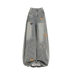 批发美式卡通刺绣牛仔裤女春<b class='q'>秋</b>新款设计感宽松百搭水洗复古阔腿长裤子