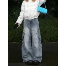 批发美式复古阔腿工装牛仔裤女辣妹高腰宽松设计感直筒拖地长裤