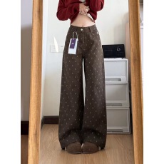 批发韩系穿搭棕色碎花直筒牛仔裤女高腰宽松显瘦垂感休闲阔腿裤