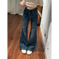 批发爆闪满天星烫钻<b class='q'>微喇</b><b class='q'>牛仔裤</b>女2026春季新款弹力高腰宽松显瘦喇叭裤