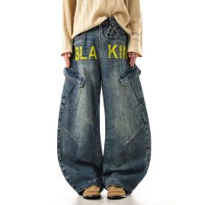 批发设计款解构弯刀<b class='q'>牛仔裤</b>男女宽松阔腿工装休闲裤子