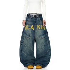 批发美式复古解构多口袋弯刀<b class='q'>牛仔裤</b>男女字母印花宽松阔腿裤