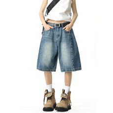 批发同款直筒牛仔中裤<b class='q'>男</b>女夏季新款潮牌vintage阔腿弯刀五分<b class='q'>裤子</b>