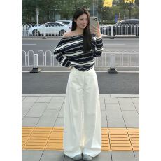 批发韩系一整套ootd穿搭休闲风巨好看条纹斜肩<b class='q'>上衣</b>阔腿裤两件套装26春