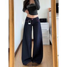 批发复古撞色阔腿牛仔裤女2026春夏新款设计辣妹低腰宽松垂感百搭<b class='q'>长裤</b>