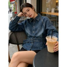 批发复古港风蓝色翻领牛仔衬衫女韩版设计感宽松通勤收腰系带上衣春<b class='q'>秋</b>