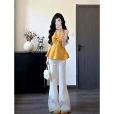 批发温柔风独特超好看V领<b class='q'>上衣</b>白色长<b class='q'>裤</b>两件套<b class='q'>装</b>气质一整套穿搭26夏季